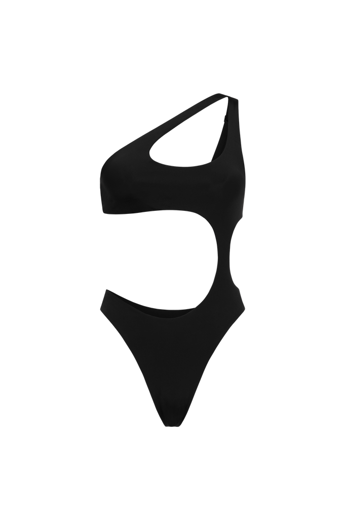 Black ARIEL swimsuit featuring a sleek cutout neckline and sculpted fit.