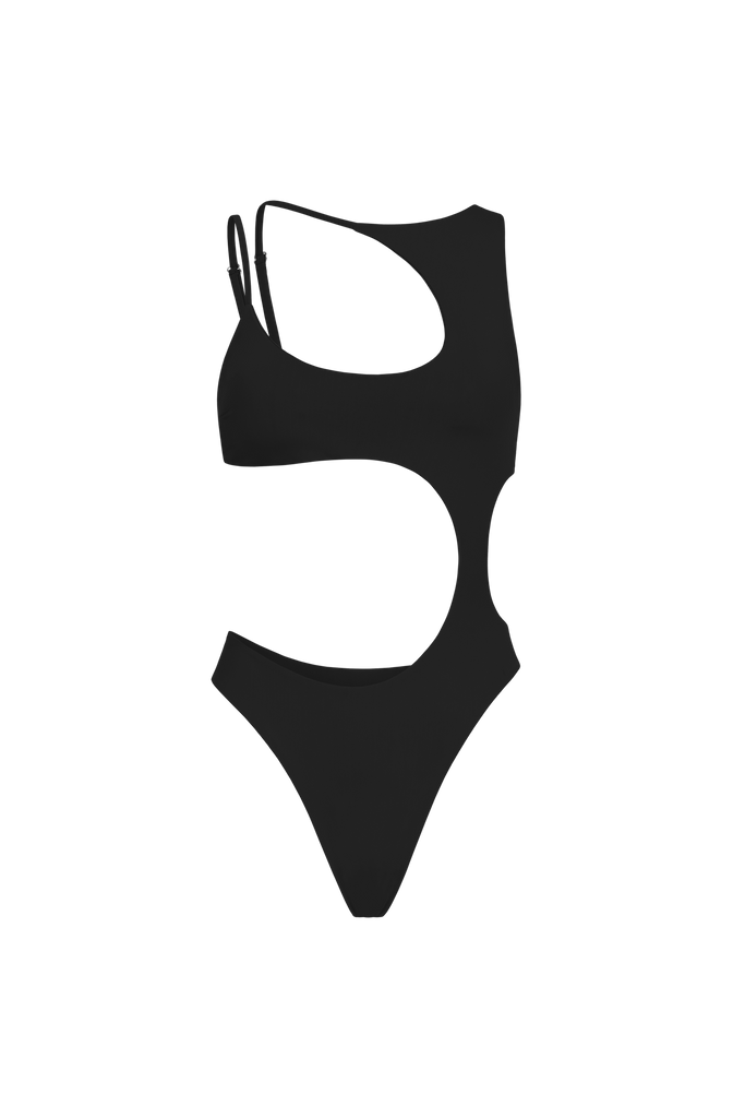 Black DIONE swimsuit crafted from smooth double biflex with hidden seams.