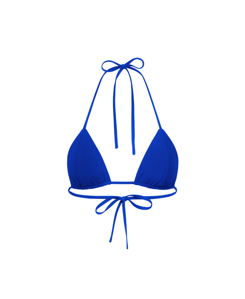 Blue curtain-style bikini top crafted from high-quality, fade-resistant biflex.