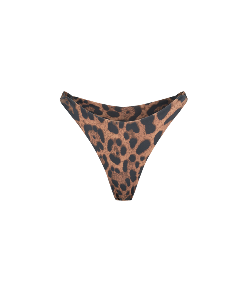 Dark leo GARDENIA bottoms featuring a bold leopard print and wide straps.