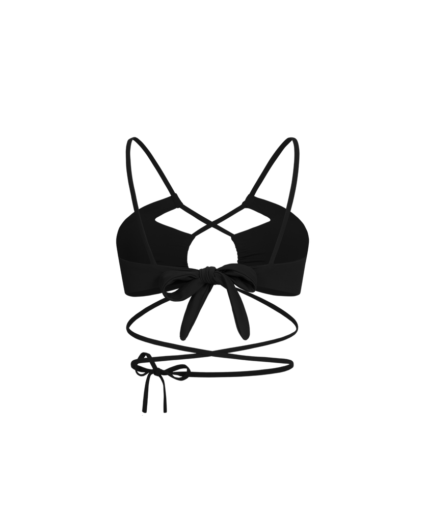 Classic black swim top designed to highlight curves elegantly.