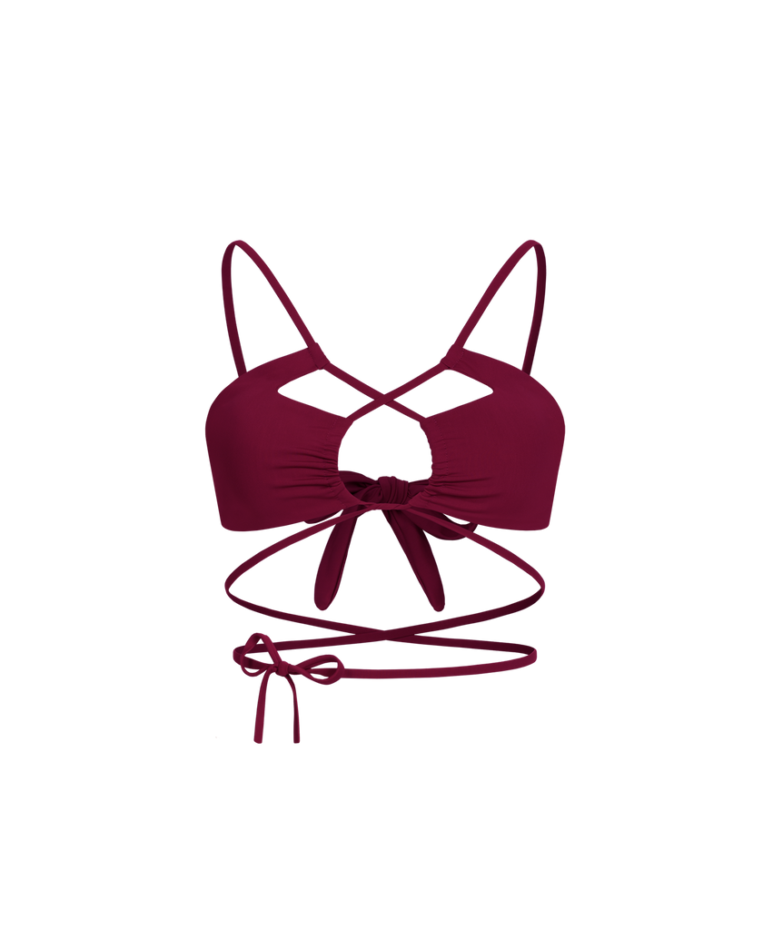 Burgundy GARDENIA top featuring deep wine color and soft draping.