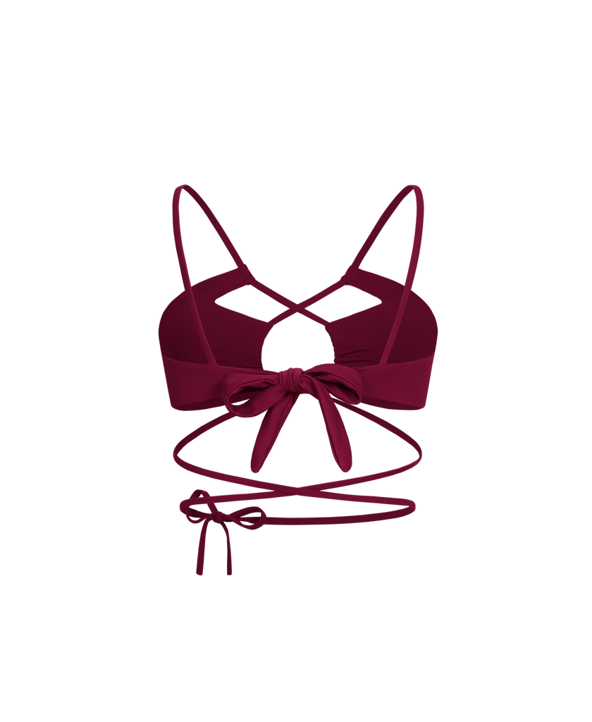 Rich burgundy curtain bikini top offering sculpted shaping.