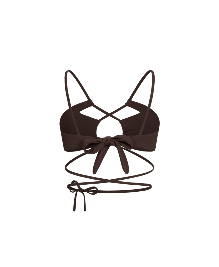 Chocolate curtain-style bikini top offering elegant shaping.