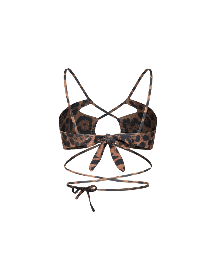 Leopard-print curtain bikini top crafted from durable biflex.