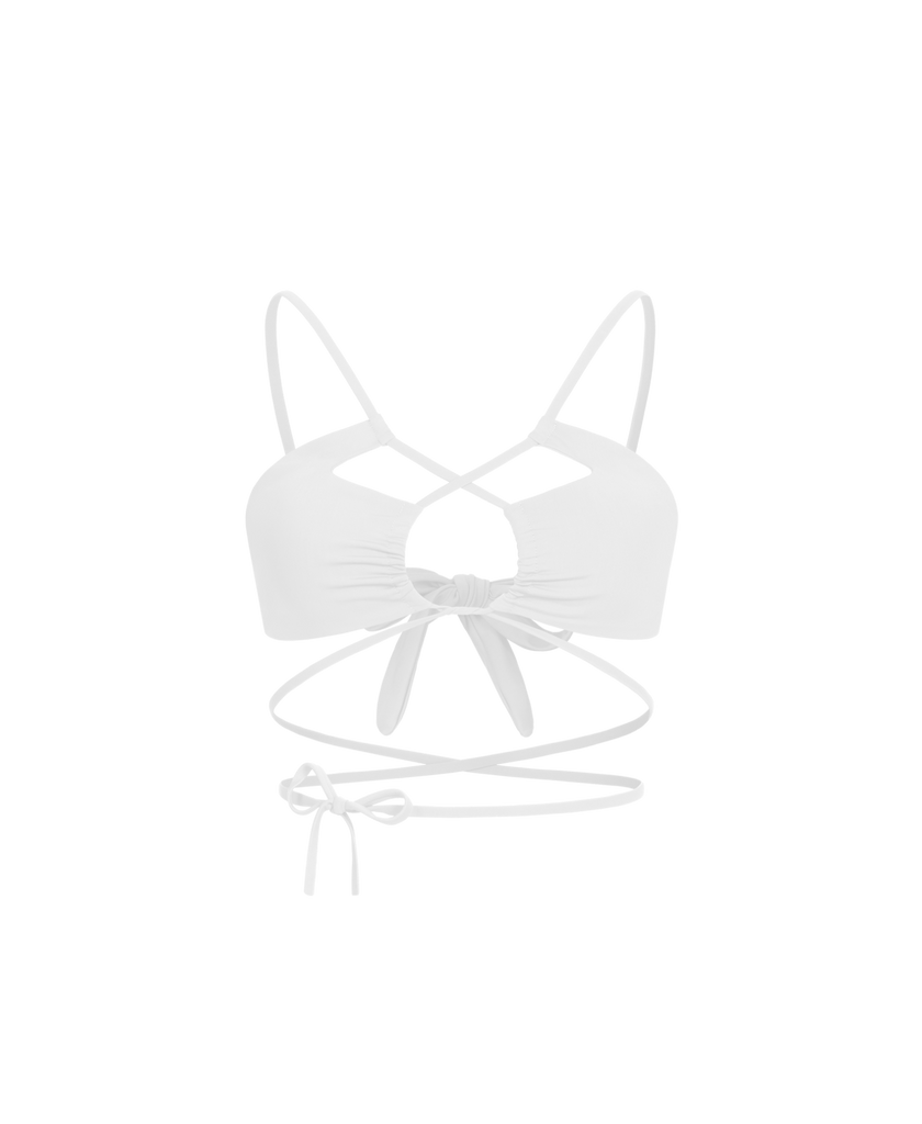 White GARDENIA top featuring crisp, bright biflex and soft draping.