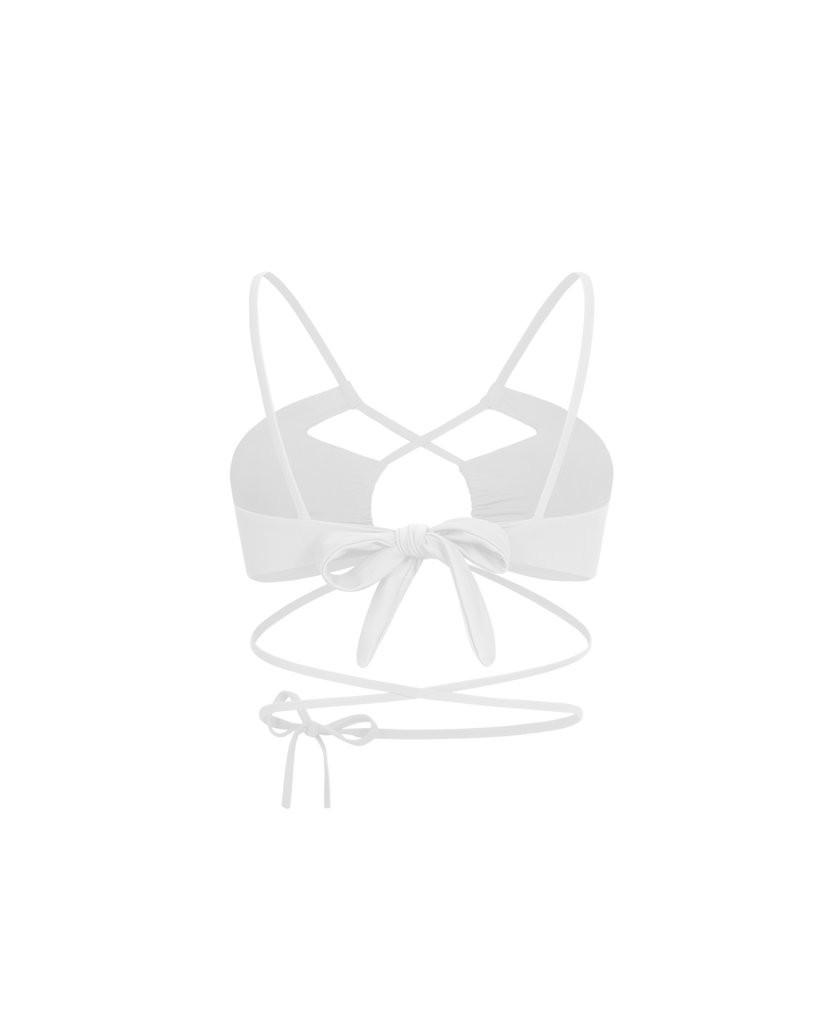 Minimal white curtain bikini top offering elegant shaping.