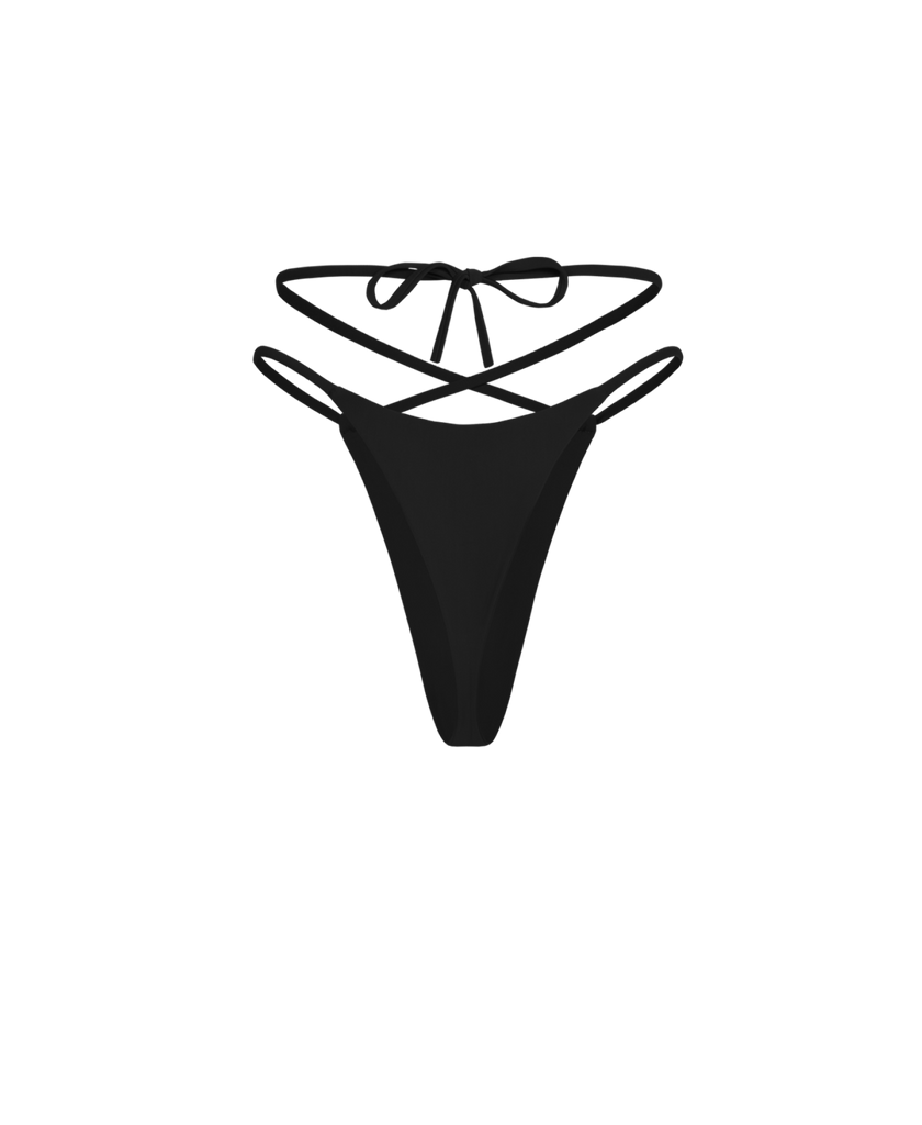 Black thong panties offering adjustable side ties for a personalized fit.