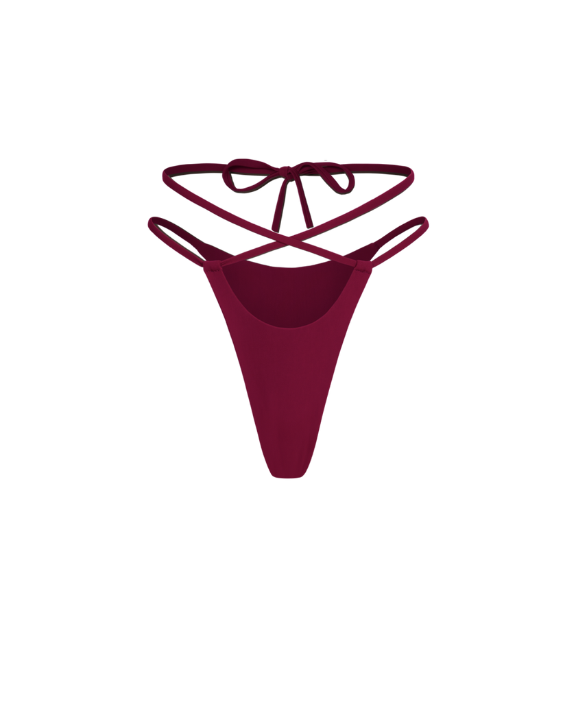 Burgundy LILY thong panties featuring long ties and hidden seams.