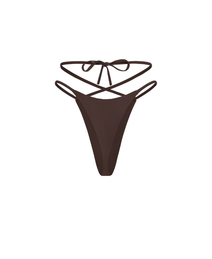 Rich chocolate thong crafted from durable double biflex fabric.