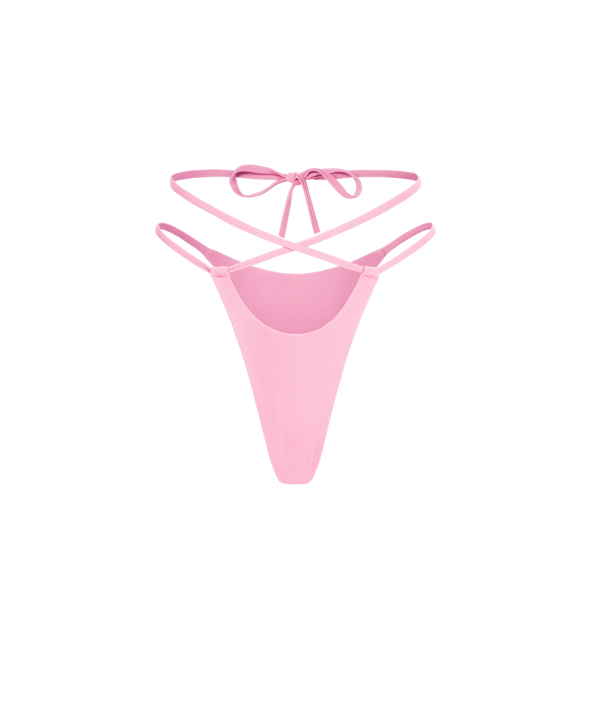Pink LILY thong panties crafted from soft double biflex with long ties.