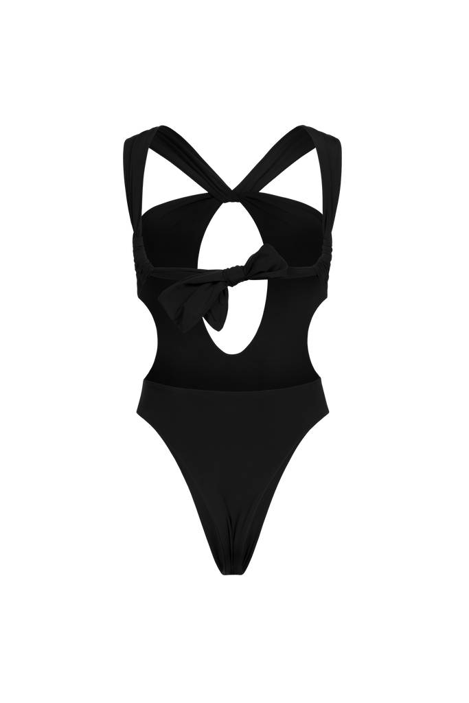 Black swimsuit tied at the back for an adjustable, personalized fit.