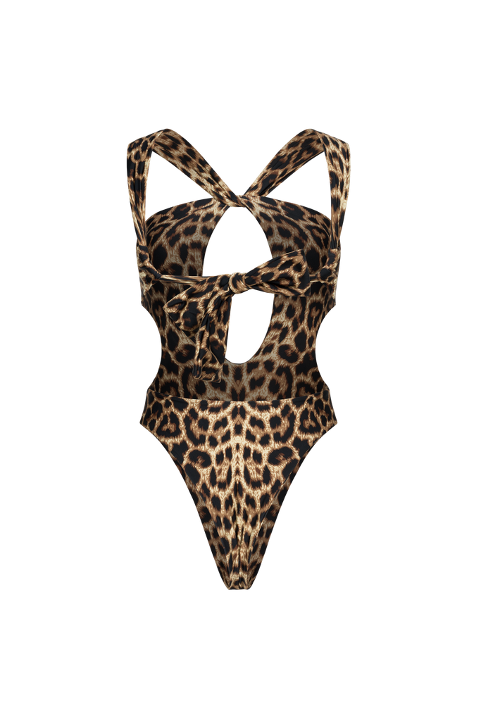 Leopard-print one-piece designed to highlight curves effortlessly.