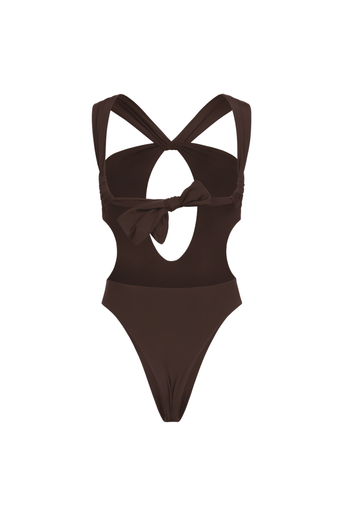 Chocolate one-piece featuring thin foam padding and elegant draping.